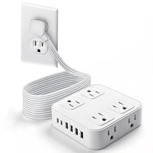 10FT Flat Plug Surge Protector Power Strip with 8 Outlets & 6 USB(2 USB-C) | Extension Cord Flat Wall Plug10 Foot, Multiple Outlets, Wall Mount, Desk Charging Station for Home, School, Dorm Room - color: White