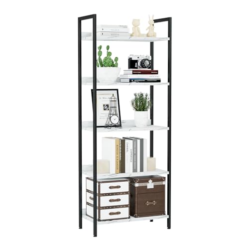 NUMENN Bookshelf, 5 Tier Freestanding Shelving Unit, White Marble | Metal Frame & Wood Shelves, Falling Prevention Baffle, Open Storage Bookcase for Bedroom, Living Room & Home Office - color: White Marble, size: 5 Tier(Wide)