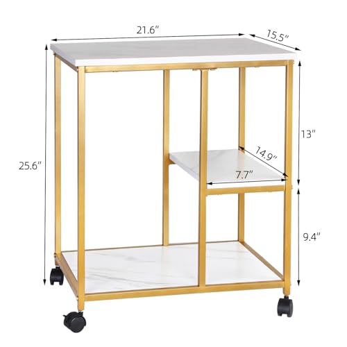 DlandHome Printer Stand with Locking Wheels, 3-Tier Shelf Printer Cart for Home Office Storage and Organization, Rolling Kitchen Utility Storage Cart, White & Golden