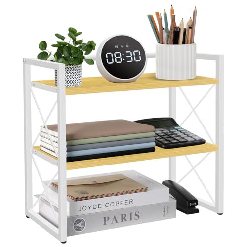 YINMIT Desktop Shelf Organizer, 2 Tier Office Shelves, Wood Desk Organizer Storage Rack and Freestanding Display Shelf for Office, Dormitory, Home (White Wood) - color: White+wood