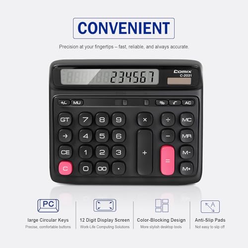 Comix Desk Calculator with 12 Digits Large LCD Display, Solar Battery Dual Power, Large Computer Keys Basic Calculator for Home Office School - color: Black