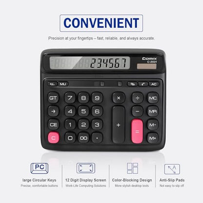 Comix Desk Calculator with 12 Digits Large LCD Display, Solar Battery Dual Power, Large Computer Keys Basic Calculator for Home Office School - color: Black