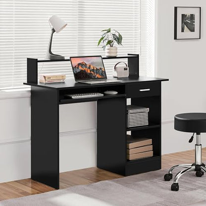 Yaheetech Computer Desk with Keyboard Tray, Drawers, and Shelves, Black | This Desk Has a Pull-Out Keyboard Tray, a Drawer, and an Adjustable Open Shelf for Books, Files, and Home Office Supplies. - color: Black