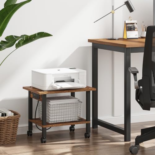 TUTOTAK Printer Stand, 2 Tier Rolling Printer Cart with Charging Station - color: Brown, size: 2 tier(18.9 x 13.4 x 15.4inchs)