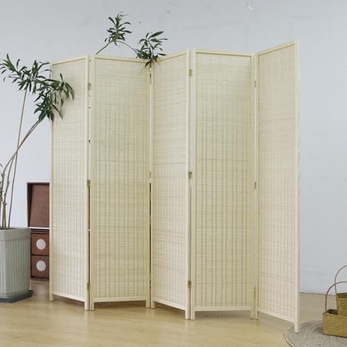 5 Panel Bamboo Room Divider – 5.6 ft Tall Folding Privacy Screen, Natural Beige Freestanding Room Partition Wall for Home Office (67" x 76.75", 5-Panel) - color: Beige, size: 5 Panel