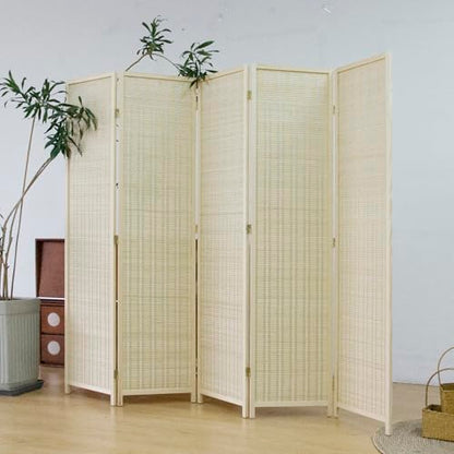 Furnnylane 5 Panel Bamboo Room Divider – 5.6 ft Tall Folding Privacy Screen, Natural Beige Freestanding Room Partition Wall for Home Office (67" x 76.75", 5-Panel) - color: Beige, size: 5 Panel