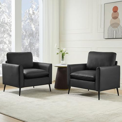 TYBOATLE Black Faux Leather Accent Chair Set of 2 | Comfy, Cozy, Reading, Mid Century Modern, Curved Armrest, Reception, Living Room, Office - color: Black
