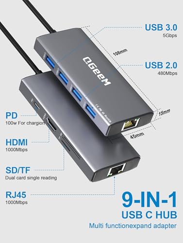 QGeeM USB C Hub Ethernet,9 in 1 USB Type C Hub HDMI Multi-Port Converter Adapter,100W Pd, USB 3.0,SD/TF Card Reader,Compatible for MacBook Pro Air Ipad HP Dell Lenovo Chromebook etc.-Gray - color: Gray