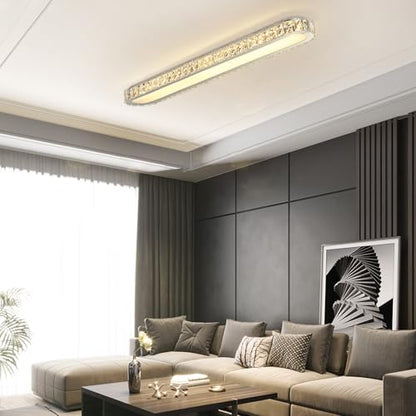 Qcyuui Dimmable LED Ceiling Light 39.4'' Kitchen Lighting Fixtures Ceiling Modern Luxury Crystal Ceiling Light with Remote Chrome Long Ceiling Light Fixture for Kitchen Dining Room Hallway,48W - color: Chrome/Dimm/48W/39.4IN/Crystal, size: 39.4in