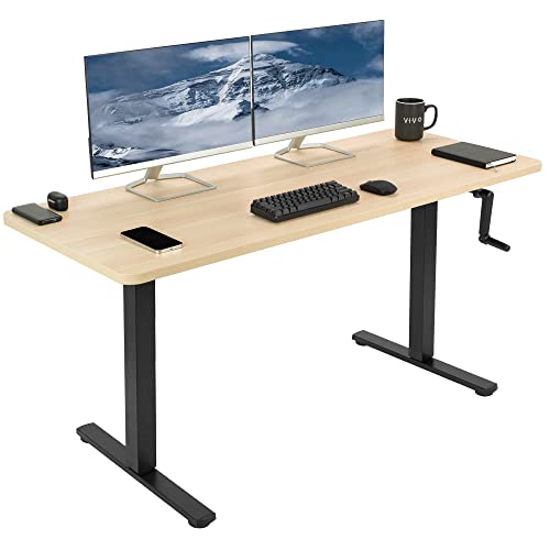VIVO Manual Height Adjustable 60 x 24 inch Stand Up Desk, Light Wood Solid One-Piece Table Top, Black Frame, Standing Workstation with Foldable Handle, DESK-KIT-MB6C | Manual, Holds 110 lbs, Sit Stand, Height Adjustable, Solid One-Piece Table Top, Home Of