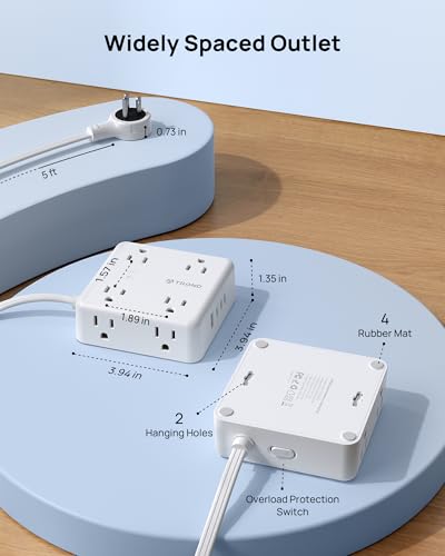 TROND 360° Rotating Flat Plug Power Strip 5ft, 8 AC & 4 USB (3C1U), White - color: White, size: 5FT, style: Rotating Plug-3C1U