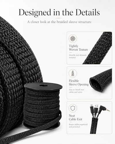 300 Feet - 1/4,1/2,3/8 Inch Braided Wire Loom PET Cable Loom Expandable Braided Sleeving Wire Sleeve for Automotive，TV, Computer, Home Theater, Black - size: 1/4,1/2,3/8'' - 300ft