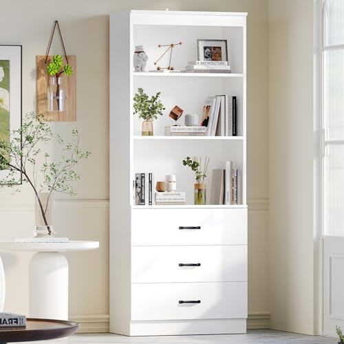 oneinmil 70" H 6-Tier Bookshelf with 3 Drawers, White Bookcase with 3-Tier Open Shelves, Tall Book Shelf with Storage Space, Wooden Storage Cabinet for Living Room, Office (White, 6-Tier) - color: White, size: 6-Tier