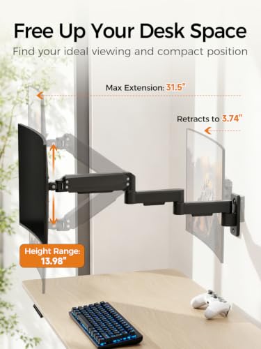 suptek Single Long Arm Monitor Wall Mount for 17 to 35 Inch Screens, Gas Spring Monitor Arm Wall Mount Holds Up to 11KG/24lbs, Full Motion Adjustable,VESA Mount 75x75/100x100mm(WMX3)