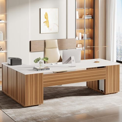 Tribesigns 85.8-Inch L-Shaped Executive Desk, Extra Large Home Office Desk - color: White & Brown