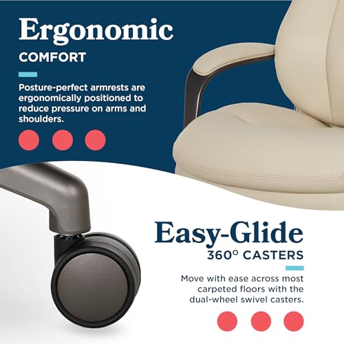 La-Z-Boy High-Back Ergonomic Office Chair, AIR Lumbar Support Leather Chair | Nova, 350lb Capacity Executive Task Chair, Padded Headrest & Arms, Layered Foam Seat Cushion, Swivel, Back Pain Relief, Cream - color: Cream