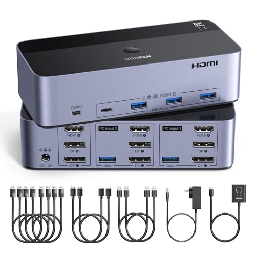 UGREEN 8K@60Hz HDMI Displayport KVM Switch 3 Monitors 2 Computers, Aluminum | 4K@240Hz, with 4 USB 3.0 Ports, for 2 Computers Share Triple Monitors, with 4 DP+2 HDMI+2 USB Cables/Power Adapter/Controller