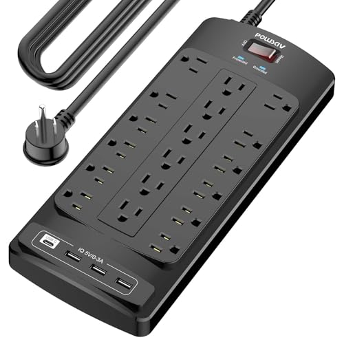 18 Outlets Surge Protector Power Strip - 20 Feet Flat Plug Heavy Duty Extension Cord with 18 Widely Outlets and 4 USB Ports, 2100 Joules, Black, ETL Listed - color: Black, size: 20 Ft