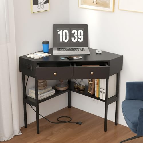 POWERSTONE Corner Desk with Charging Station & 2 Drawers, Space-Saving Makeup Vanity Triangle Computer Desk Workstation with Storage Shelves for Bedroom, Study Black