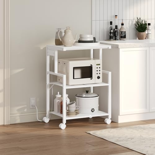 MAHANCRIS Mobile Printer Stand, 3-Tier Industrial Printer Cart with 2 AC Outlets and 2 USB Ports, Rolling Printer Table on Wheels for Home Offices Kitchen Organization Rack, White PTWT78E01 - color: White