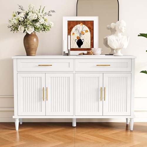 58 Inch Sideboard Buffet Cabinet with Storage, Fluted Buffet Storage Cabinet with 2 Drawers and 4 Doors, Modern Coffee Bar with Adjustable Shelves for Living Room, Kitchen (White) - color: White