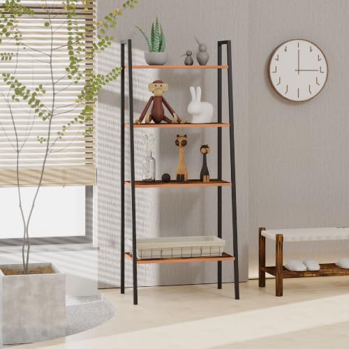 HOMCOM Ladder Shelf Bookshelf, 4 Tier, Wood Metal Frame, Distressed Brown