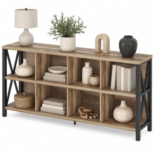 8 Cube Storage Organizer Bookshelf, 62 Inch Rustic Wood Horizontal Bookcase, Industrial Cube Long Book Shelf for Living Room (Rustic Oak) - color: Rustic Oak