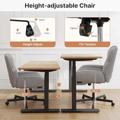 Cross Legged Chair with Foot Rest, Thick Cushioned Criss Cross Chair with Wheels, Armless Wide Seat Reclining Desk Chair, Height Adjustable Cross Legged Office Chair for Home Office, Grey - color: Grey