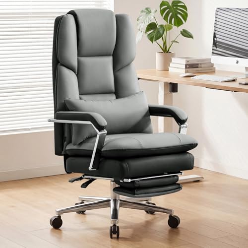 Furniliving Big and Tall Office Chair with Footrest, PU Leather High Back Executive Office Chair with Adjustable Lumbar Support, Wide Seat Reclining Desk Chair with Armrest, Height Adjustment, Grey