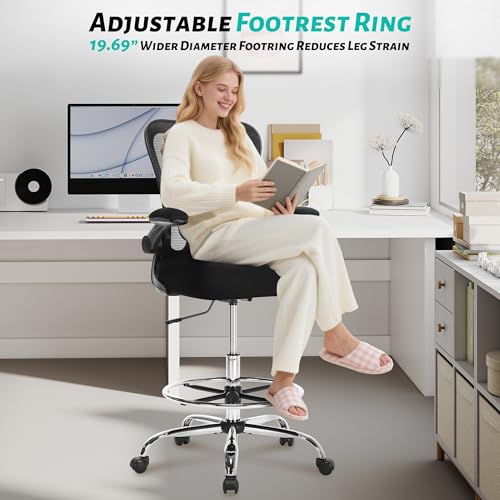 500LBS Ergonomic Drafting Chair Tall Office Chair for Counter Height or Standing Desk, Executive High Office Chairs with W-Shaped Thick Seat Cushion, Footrest Ring & Breathable Fabric, Black - color: Black
