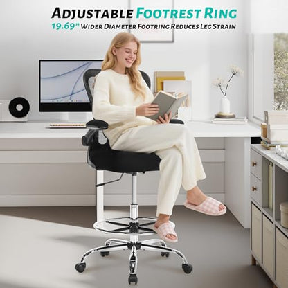 500LBS Ergonomic Drafting Chair Tall Office Chair for Counter Height or Standing Desk, Executive High Office Chairs with W-Shaped Thick Seat Cushion, Footrest Ring & Breathable Fabric, Black - color: Black