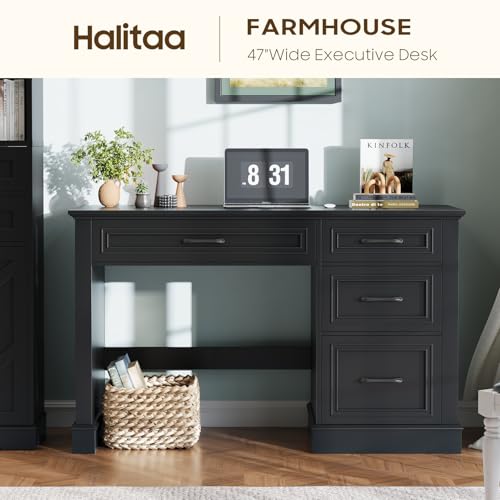 Halitaa Farmhouse 47" Executive Desk with File Drawer, Pure Black - color: Pure Black, size: Style 2