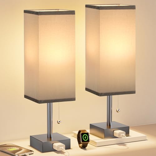 Bedside Lamp for Bedroom Set of 2 - Grey Table Lamp for Nightstand | AC Outlet, 3 Color Temperatures, LED Bulb Included, Pull Chain Design, 14" Rectangular Desk Lamp for Dorm/Office, 2-Pack - color: Grey & Grey, size: 14.3In