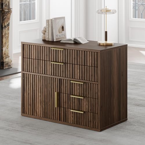 Fluted File Cabinet with 5 Drawers, Large Storage with Cabinet Door, Mobile Filing Cabinet with Locable Wheels for Home Office, Black Walnut - color: Black Walnut