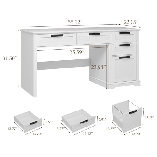 Halitaa 55" Farmhouse Home Office Desk with File Drawer, Executive Computer Desk with 4 Storage Drawers, Rustic Computer Desk for Working, Studying, Writing（White