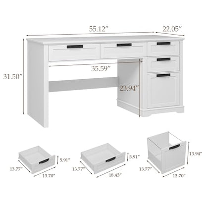Halitaa 55" Farmhouse Home Office Desk with File Drawer, Executive Computer Desk with 4 Storage Drawers, Rustic Computer Desk for Working, Studying, Writing（White