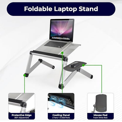 WorkEZ Cooling Adjustable Laptop Stand for Desk w/Fan USB Ports Mouse Pad Ergonomic Foldable Laptop Stand Riser Portable Computer Holder, Silver | WorkEZ Cool. Adjustable computer stand for laptop and foldable laptop table for bed or sofa, holds up to 15.