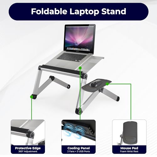WorkEZ Cooling Adjustable Laptop Stand for Desk w/Fan USB Ports Mouse Pad Ergonomic Foldable Laptop Stand Riser Portable Computer Holder, Silver | WorkEZ Cool. Adjustable computer stand for laptop and foldable laptop table for bed or sofa, holds up to 15.