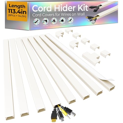 113.4in Cord Hider Kit, Cord Covers for 2-4 Wires on Wall, Self-Adhesive Cable Hider Wire Covers for Cords on Wall, Paintable Cord Hider for Walls Mount Tv, Cable Cover Raceway, W0.95 H0.55in, Beige - color: Beige, size: 113.4in L x 0.95in W x 0.55in H