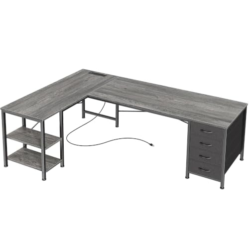 Huuger 55 Inch L Shaped Desk with Fabric Drawers, Reversible Computer Gaming Desk with Power Outlets and USB-C Port, Adjustable Side Storage Shelves, for Work Study Corner Home Office, Grey,1CD078H - color: Grey, size: 55 inch