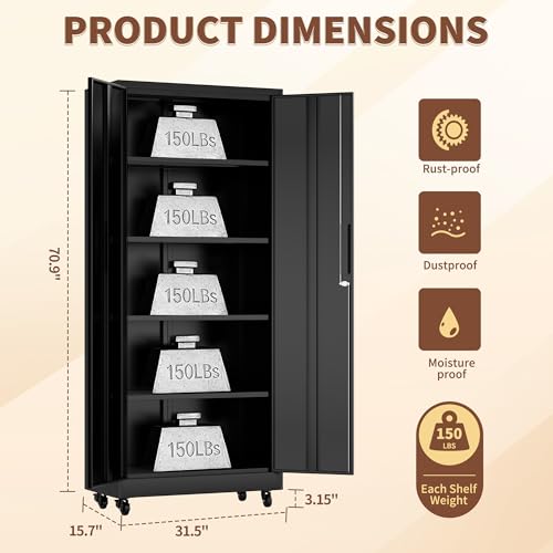 73"H Metal Storage Cabinet with Wheels, Garage Storage Cabinet with 2 Doors and 4 Adjustable Shelves, Tool Storage Cabinet with Lock, Utility Cabinets for Home Office, Garage, Shop, Warehouse - size: 73H*32W*16D