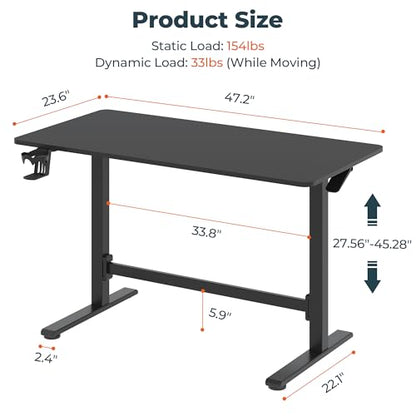 48''Pneumatic Standing Desk,Onepiece Adjustable Height Home Office | Black 47.2" x 23.6'' Large Home Desk Rolling Computer Workstation with Hooks & Cup Holder,Hidden Casters - color: Black, size: 4724