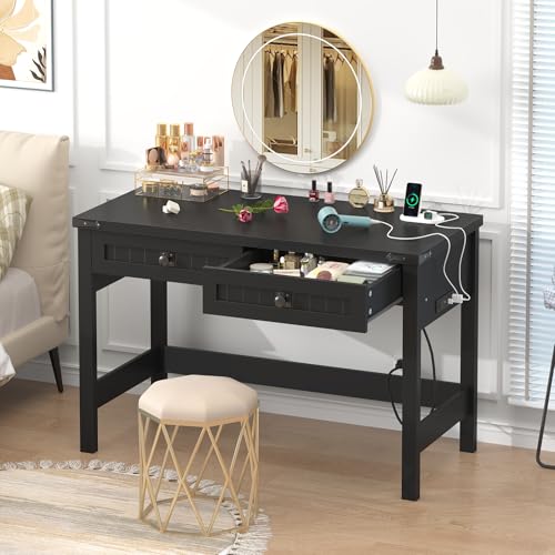 39 Inch Farmhouse Small Computer Desk with Drawers for Bedroom, Home Office - color: Black