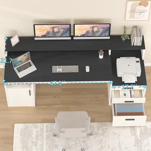 YOMILUVE 65" Computer Desk with 3 Drawers & Printer Shelf for Home Office - color: Black & White