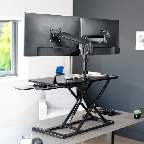 VIVO Black 36 inch Desk Riser with Monitor Mount, DESK-KIT-036K2K | Standing Desk Converter with Dual Monitor Mount for up to 32 inch Screens, Height Adjustable Riser, Mechanical Spring Arms - size: 36"