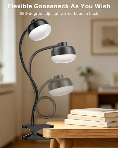 Pebble-Shaped Clip on Reading Light with Detachable Lamp Head, 5000mAh Rechargeable Battery, 360° Ambient Glow, Remote & Timer, Stepless Dimming, 12inch Gooseneck Clamp Lamp for Bed Headboard & Desk