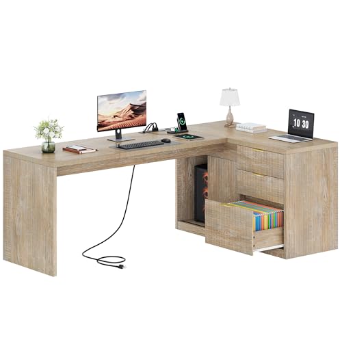 78.7" L-Shaped Executive Desk with Drawers and File Cabinet