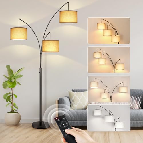 OUTON Arc LED Floor Lamp with Remote Control, Dimmable Modern Black 3 Light Arched Tall Floor Lamp, Mid Century Adjustable Standing Corner Lamps for Bedroom, Office, Living Room, Beige Lampshade - color: Black+Beige Remote Control
