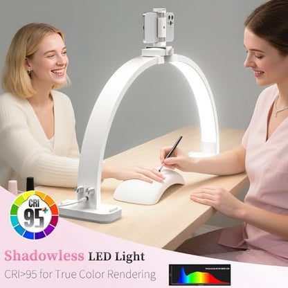 Foldable Half Moon Light for Nail Desk, 31in 45W Nail Desk Lamp with Phone Holder, Half Moon Table Lamp with Stepless Color Temperature Dimmable for Manicure, Handicrafts, Tattoos, Painting(White) - color: White - Half Moon