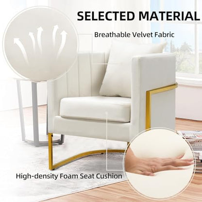 Velvet Accent Barrel Chairs Set of 2, Modern Arm Club Chair Set with Pillow for Living Room/Bedroom/Guest Reception, Channel Tufted, Gold Finish Base, White - color: Beige, size: 2 PCS
